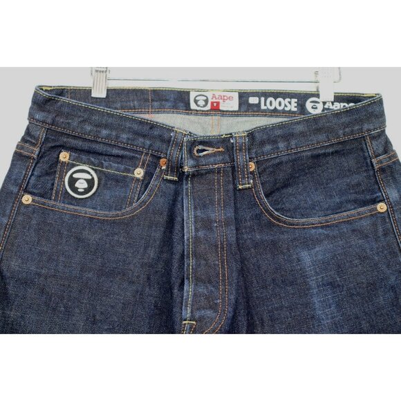 Aape by A Bathing Ape Loose 43X31 Men Indigo Garment Fly Button Camo Back Pocket - Picture 11 of 16